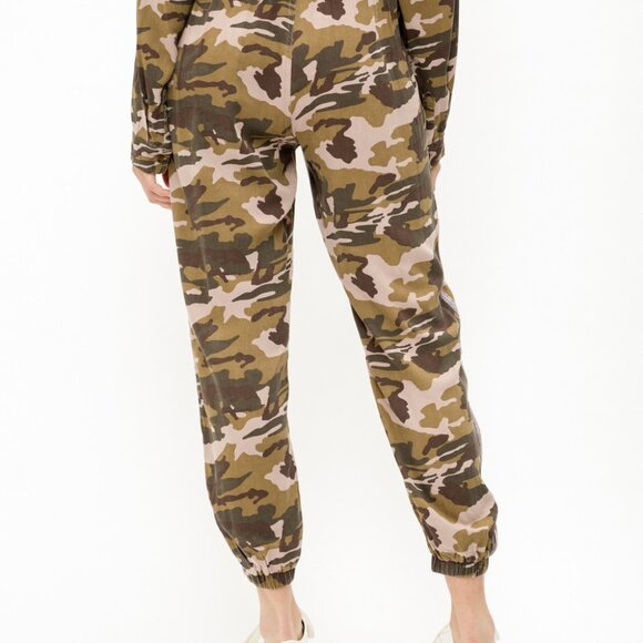 MYSTREE Camo Jogger Pants, Green Brown Drawstring Lounge Pants with Side Stripe - Picture 5 of 8